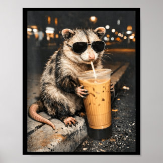 Poster Opossum Buvant du Café Glacé Mème Drôle d'Animal p