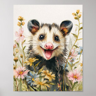Poster Opossum drôle en Fleurs - Style Aquarelle