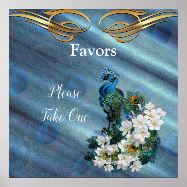 Poster Or, 2 Peacocks sur la soie verte Emeraude (Devant)