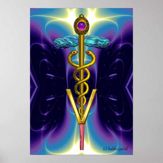 Poster OR CADUCEUS SYMBOLE VÉTÉRINAIRE Bleu pourpre (Devant)