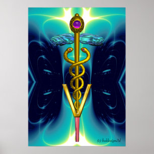 Poster OR CADUCEUS SYMBOLE VÉTÉRINAIRE Turquoise Aqua Blu