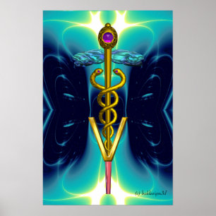 Poster OR CADUCEUS SYMBOLE VÉTÉRINAIRE Turquoise Aqua Blu