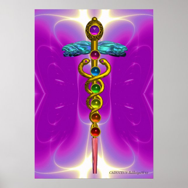 Poster OR CADUCUS 7 CHAKRAS, Yoga, Médicale rose Fuchsia (Devant)