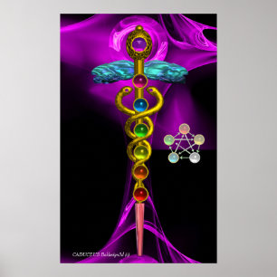 POSTER OR CADUCUS ET 7 CHAKRAS EN PURPLE FRACTAL ROSE