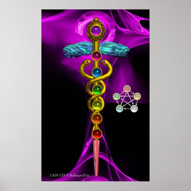 POSTER OR CADUCUS ET 7 CHAKRAS EN PURPLE FRACTAL ROSE (Devant)