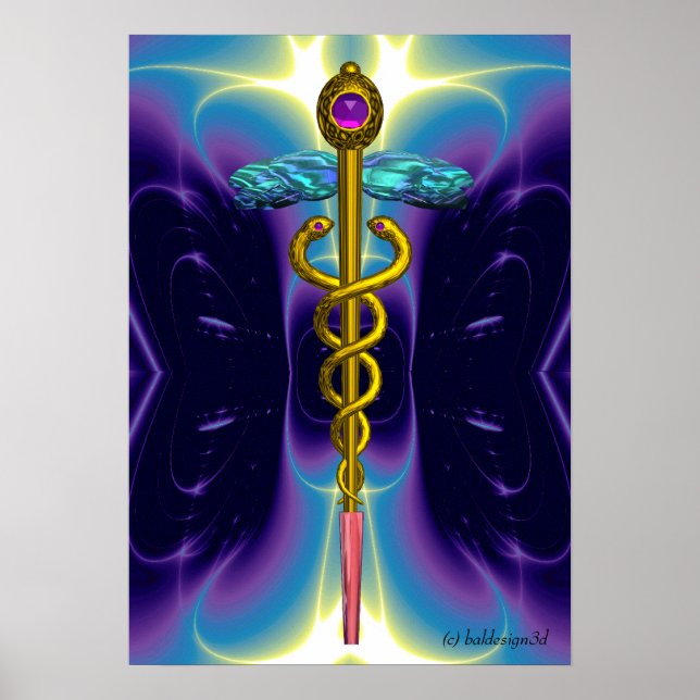 Poster OR CADUCUS Médicale Symbole violet Bleu Vagues (Devant)