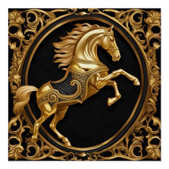 Poster Or cheval or et cadre ornemental noir (Devant)