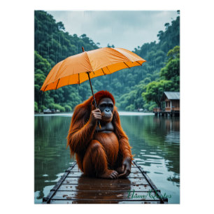 Poster Orang-outan avec parapluie orange