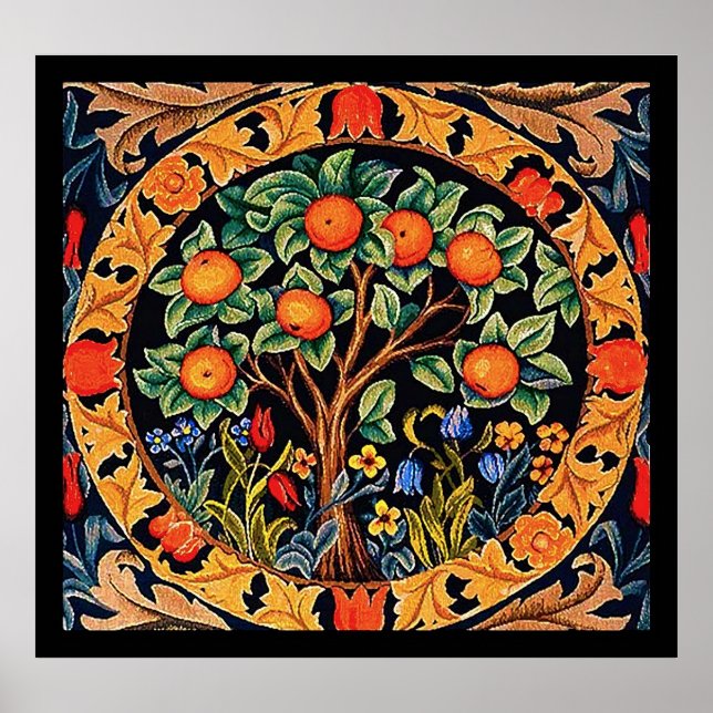 POSTER ORANGE ARBRE AVEC FEUILLES VERTS, FLEURS (Devant)