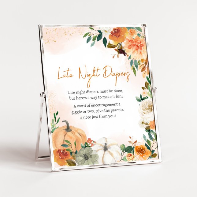 Poster Orange Autumn Floral Citrouille Late Night Diapés (Autumn Floral Pumpkin Baby Shower Late Night Diapers Sign)