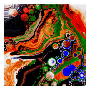 Poster Orange, Bleu, Black Digital Fluid Art