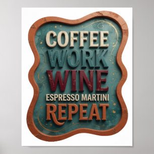 Poster Orange CAFÉ TRAVAIL VIN MARTINI EXPRESSO RÉPÉTER