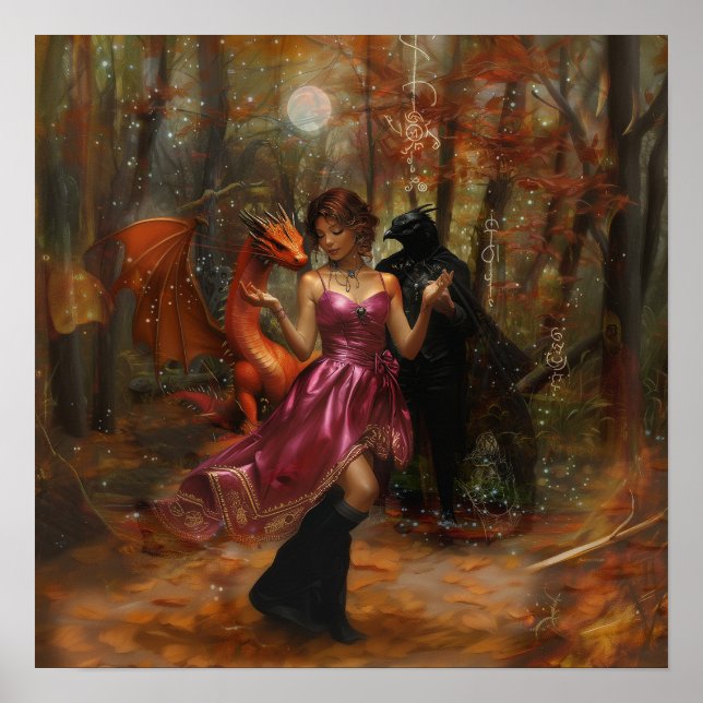 Poster Orange Dragon Raven Witchy AI Art Matte Value (Devant)