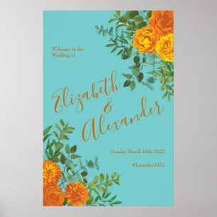 Poster Orange et Turquoise Aqua Peony Rose Mariage Floral