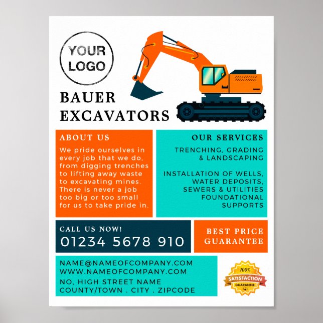 Poster Orange Excavateur, Constructeurs Publicité (Devant)