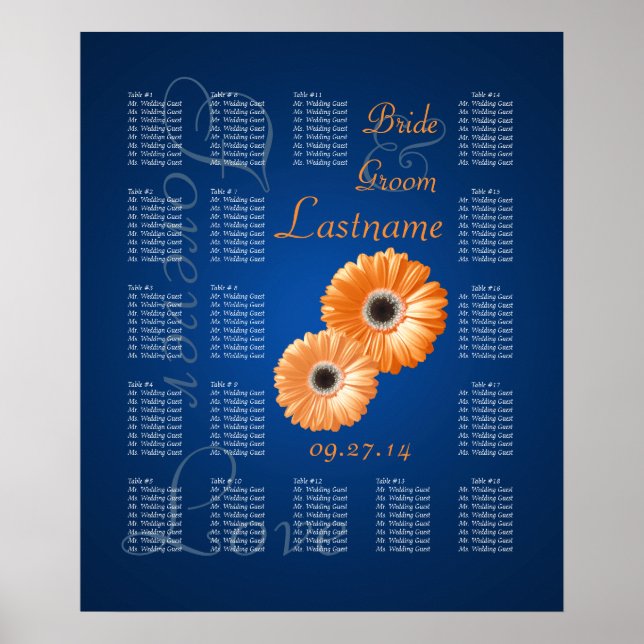 Poster Orange Gerbera Daisy Mariage Seing Chart (Devant)
