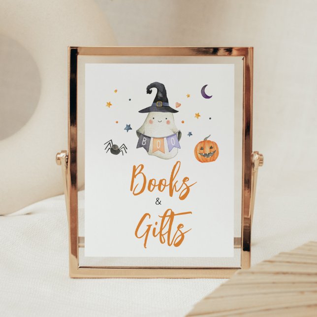 Poster Orange Halloween Ghost Little Livres et Cadeaux (Little Boo Baby Shower Books and Gifts Sign)
