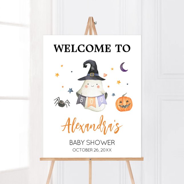 Poster Orange Halloween Ghost Petit Boite Bienvenue (Little Boo Baby Shower Welcome Sign)