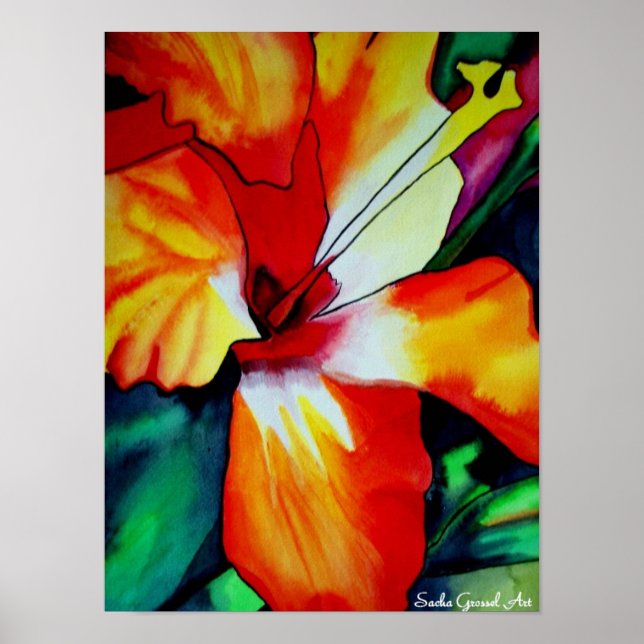 Poster Orange Hibiscus Fleur tropicale aquarelle art (Devant)