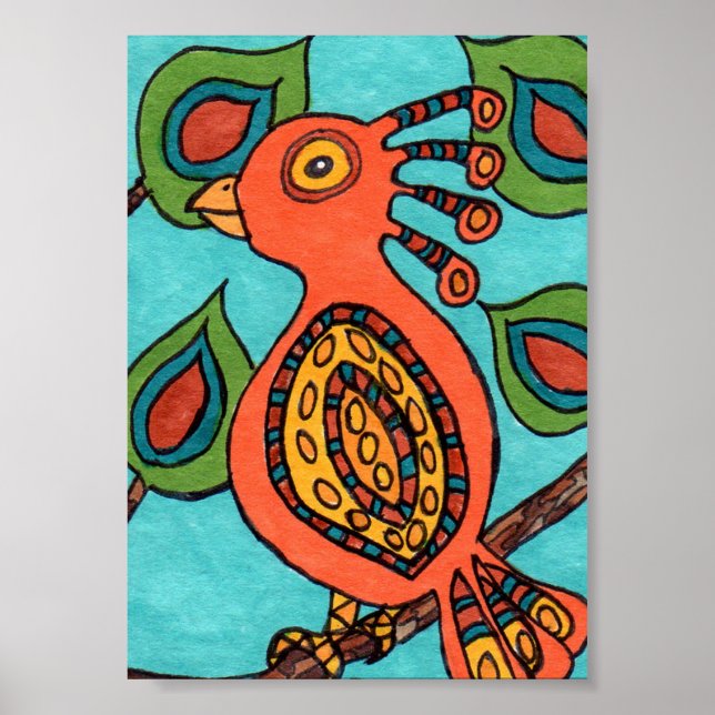 Poster Orange Oaxacan Oiseau Mini Art folklorique (Devant)