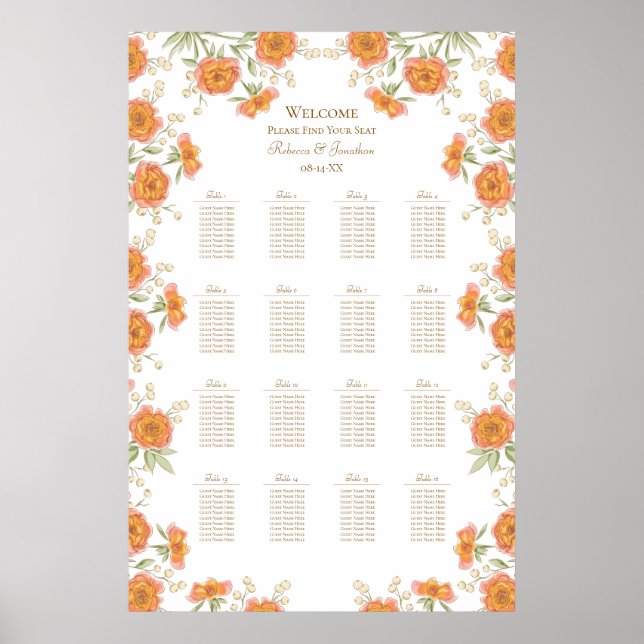Poster Orange Rose Wedding Seating Chart (Devant)