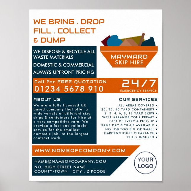 Poster Orange Rubbish Skip Design, Skip/Dumster Company (Devant)