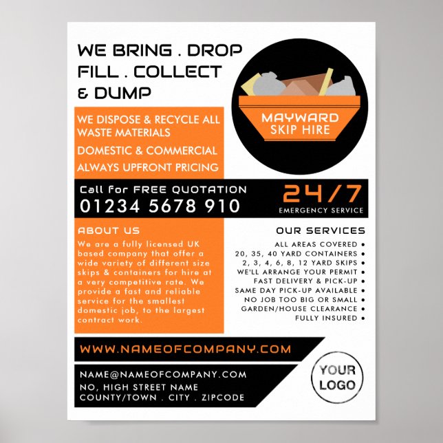 Poster Orange Rubbish Skip, Skip/Dumster Company (Devant)