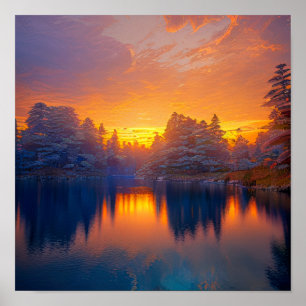 Poster Orange Sunset at the Calm Forest Lake