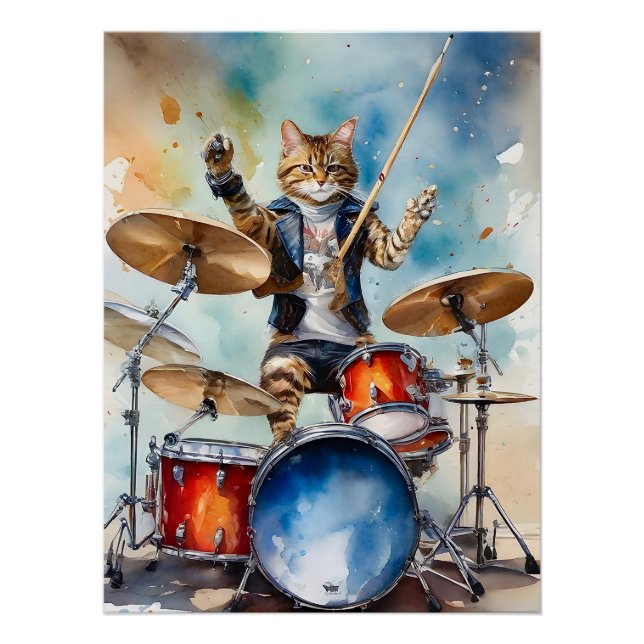 Poster Orange Tabby Cat Rock Star Jouer des tambours (Devant)