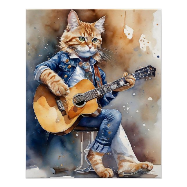 Poster Orange Tabby Cat Rock Star Jouer Guitare Acoustiqu (Devant)