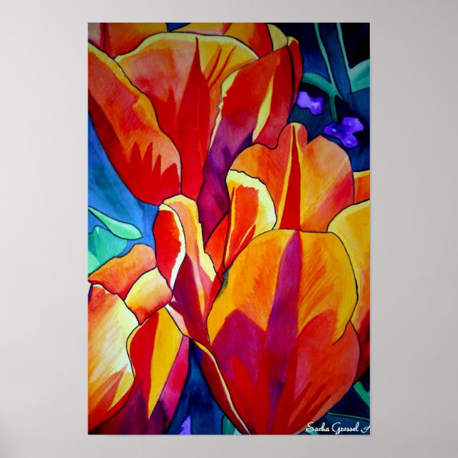 Poster Orange Tulips aquarelle art peinture de fleurs (Devant)