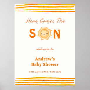 Poster Orange Voici Le Baby shower Son Bienvenue