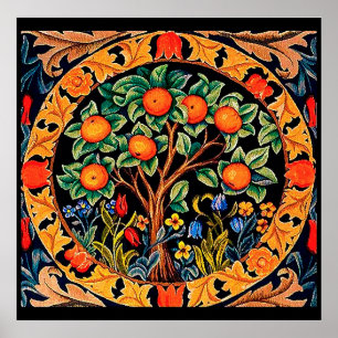 POSTER ORANGER AUX FEUILLES VERTES, FLEURS