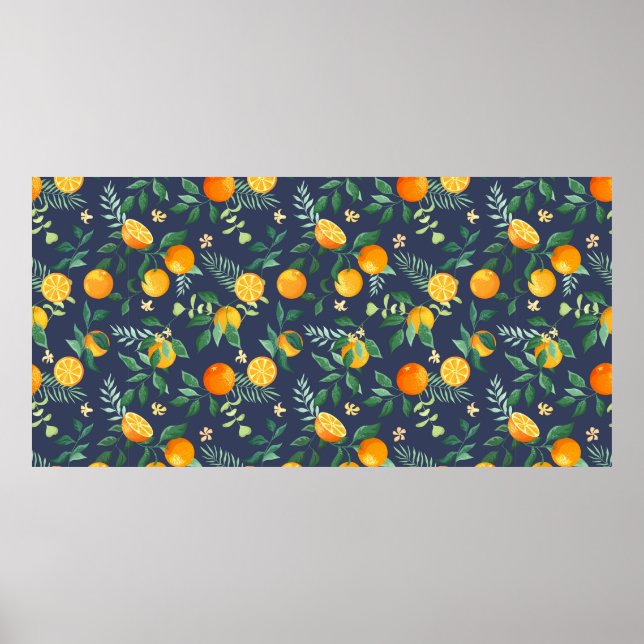 Poster Oranges de fruits aux feuilles tropicaux et fleurs (Devant)