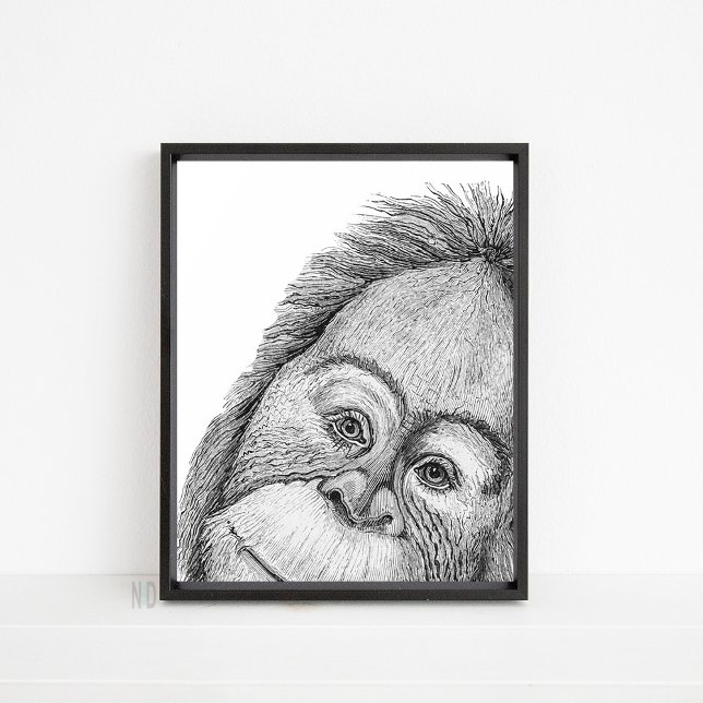 Poster Orangutan Singe noir et blanc Ligne murale (Créateur téléchargé)
