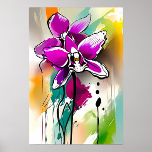 Poster Orchidée Fleur Abstrait Art Floral coloré brillant