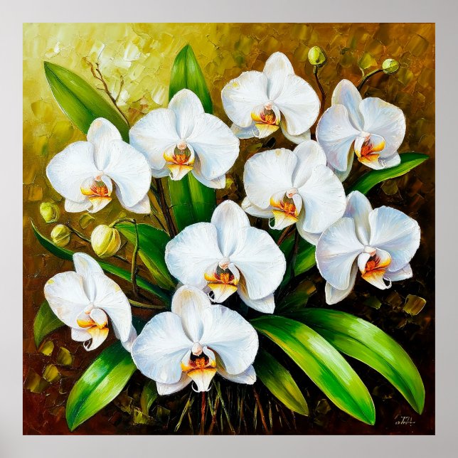 Poster Orchidées blanches avec feuilles vertes (Devant)