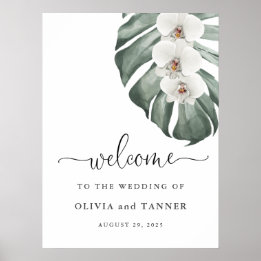 Poster Orchidées blanches sur Monstera Mariage tropical B