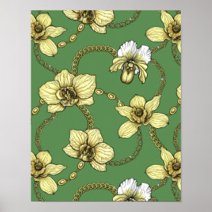 Poster Orchidées et chaînes, jaune et vert kelly
