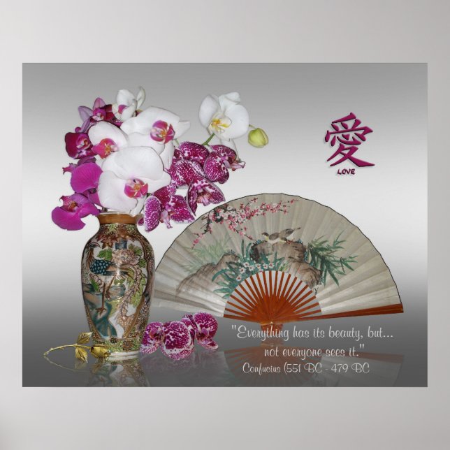 Poster Orchidées et ventilateur oriental peint, citation  (Devant)