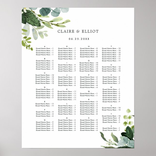 Poster ORDRE ALPHABÉTIQUE Carte Mariage de verdure (Devant)