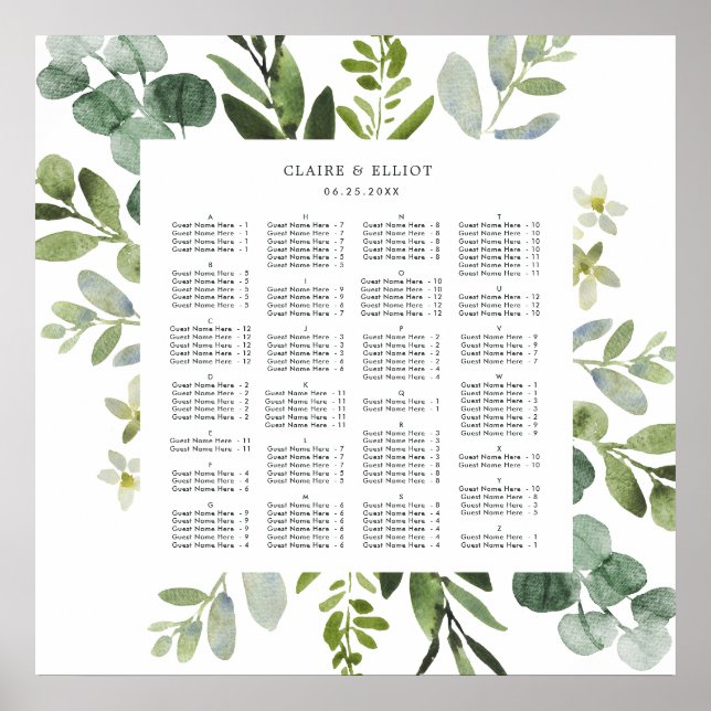 Poster ORDRE ALPHABÉTIQUE Carte Mariage de verdure (Devant)