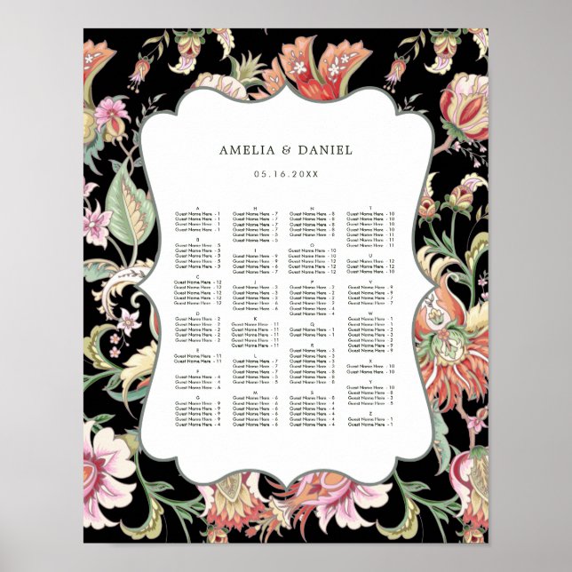 Poster ORDRE ALPHABÉTIQUE Siège floral boho tropical (Devant)
