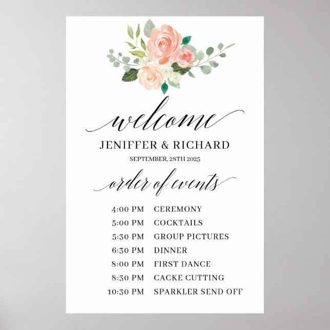 Poster Ordre de service de mariage floral rose pastel boh (Devant)