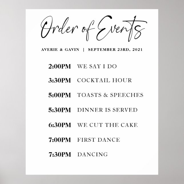 Poster Ordre des événements Horaire du jour de mariage (Devant)