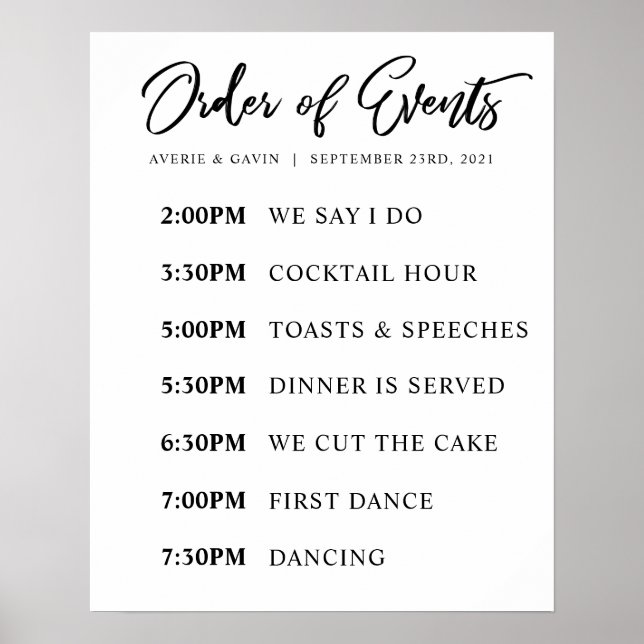 Poster Ordre des événements Horaire du jour de mariage (Devant)