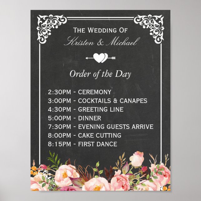 Poster Ordre du jour | Panneau Mariage Floral Chalkboard (Devant)