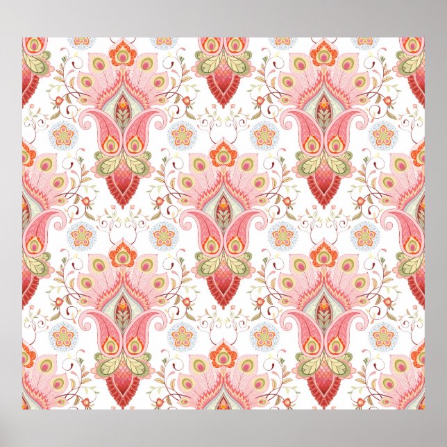 Poster Oriental Flair : Damask Peacock Paisley (Devant)