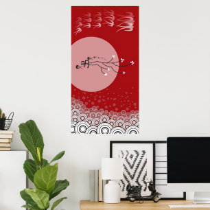 Poster Oriental Lune Lumineuse Hirondelles Oiseaux Zen Ar
