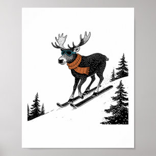 Poster Orignal qui skie – Montagne d'hiver drôle, Pente d